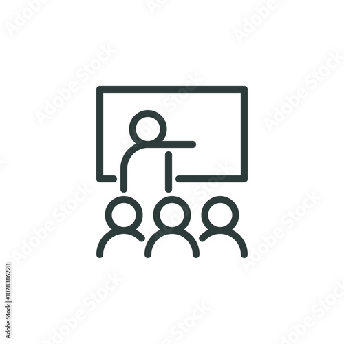 Learning lesson, training meeting, business presentation, outline icon. Line sign teacher in front of group students. Vector isolated pictogram for web and app on white background editable stroke.