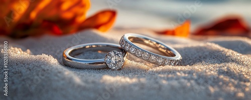 Wedding Rings On Sand, Generative AI photo