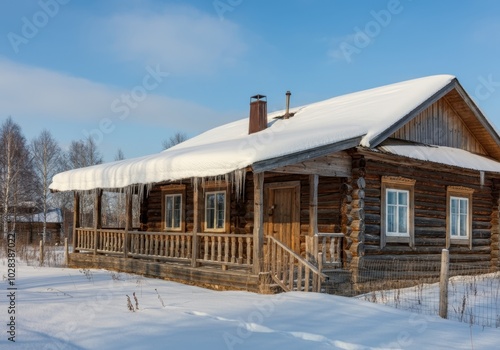 Rustic winter cabin in snowy forest with icicles and clear sky