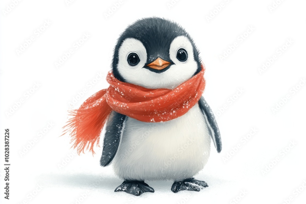 Fototapeta premium A cute, fluffy penguin wearing a bright red scarf, standing in a snowy environment with an adorable expression.