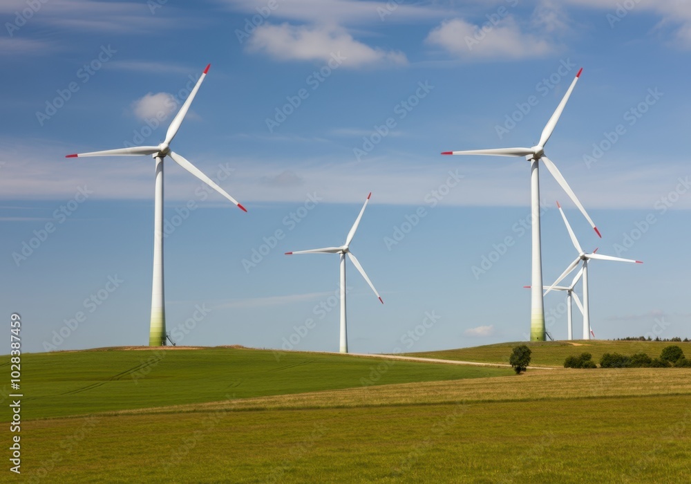 Scenic wind turbines on green fields under clear blue sky Scenic wind turbines on green fields under clear blue sky
