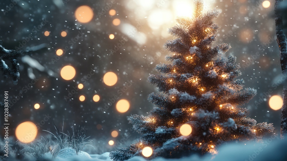Christmas tree outdoor with snow, lights bokeh around, and snow falling, Christmas atmosphere. Christmas tree outdoor with snow, lights bokeh around, and snow falling, Christmas atmosphere.