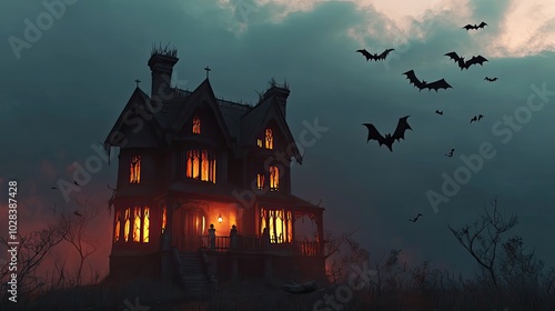 A Creepy Haunted Mansion With Bats Flying in the Twilight Sky