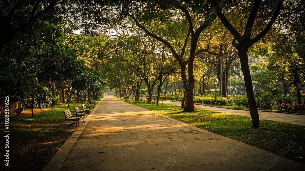 Serene Park Pathway Surrounded by Lush Green Trees Serene Park Pathway Surrounded by Lush Green Trees