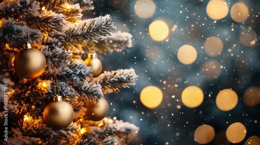 Christmas winter blurred background. Xmas tree with snow decorated with garland lights, holiday festive background. Widescreen backdrop. New year Winter art design, wide screen holiday border Christmas winter blurred background. Xmas tree with snow decorated with garland lights, holiday festive background. Widescreen backdrop. New year Winter art design, wide screen holiday border
