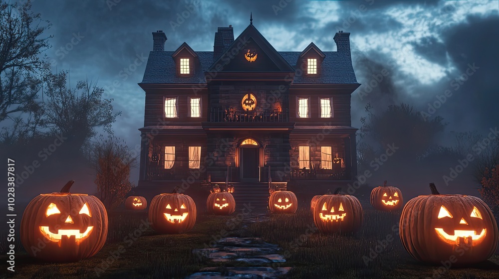 A Haunted Victorian House with Lit Jack-o'-Lanterns on a Foggy Halloween Night A Haunted Victorian House with Lit Jack-o'-Lanterns on a Foggy Halloween Night