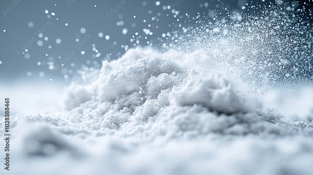 Fine White Powder Scattered in Air, Resembling Flour or Sugar, with Delicate Granules and Ripples, in a Serene Indoor Setting Fine White Powder Scattered in Air, Resembling Flour or Sugar, with Delicate Granules and Ripples, in a Serene Indoor Setting