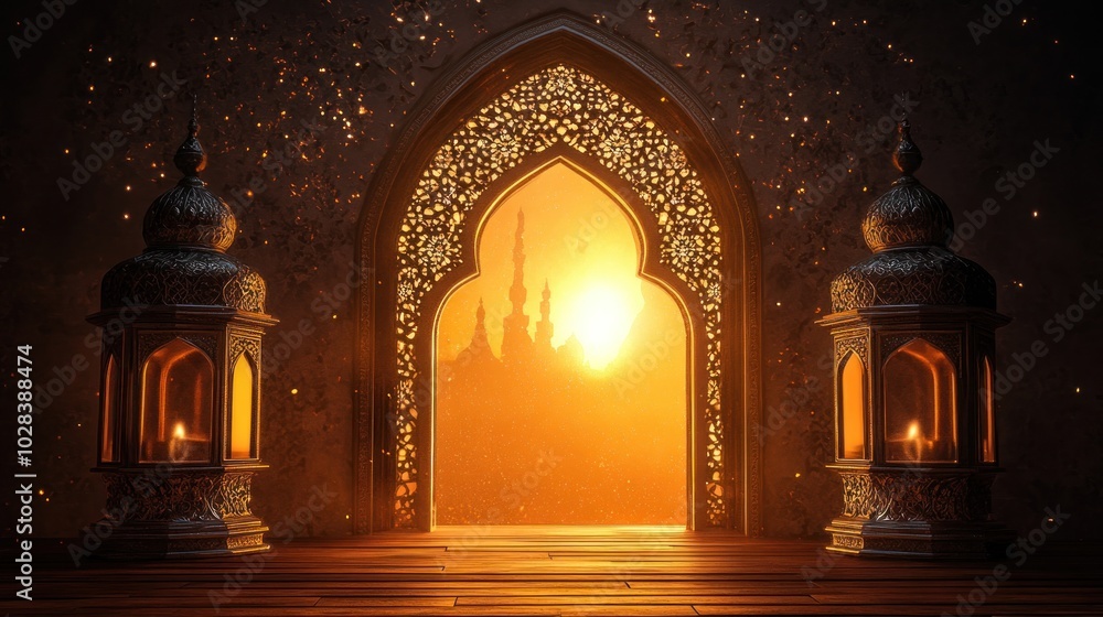 An ornate archway framed by lanterns, revealing a sunset over a distant mosque. An ornate archway framed by lanterns, revealing a sunset over a distant mosque.