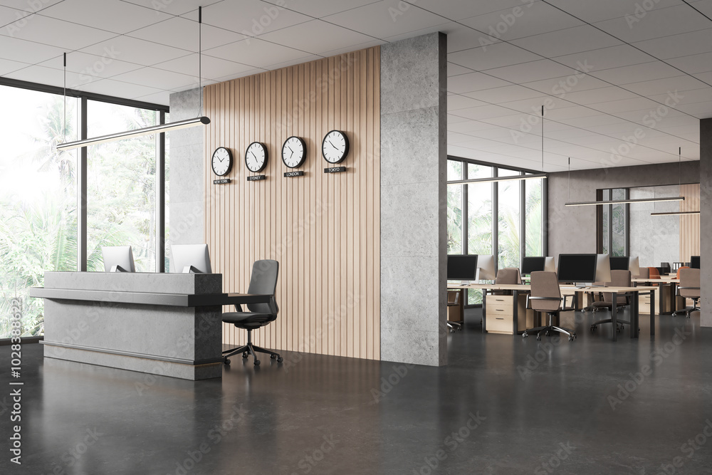 Fototapeta premium Modern office interior with clocks and reception desk. 3D Rendering