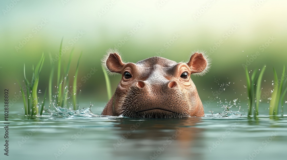 Fototapeta premium Hippo Emerging from Water in Serene Natural Setting