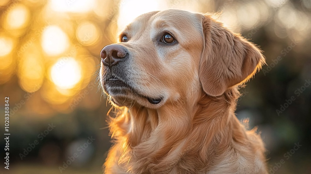 A close-up portrait of a golden Labrador Retriever sitting in a lush green park A close-up portrait of a golden Labrador Retriever sitting in a lush green park