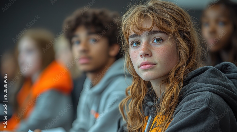 A diverse group of young students, including a girl with freckled skin and a boy, are focused on a classroom lesson. The setting highlights modern educational engagement. A diverse group of young students, including a girl with freckled skin and a boy, are focused on a classroom lesson. The setting highlights modern educational engagement.