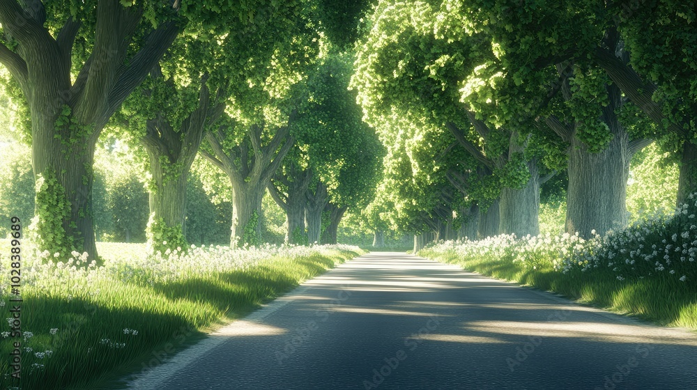 Obraz premium Peaceful Tree-Lined Pathway in Sunlit Forest Scene