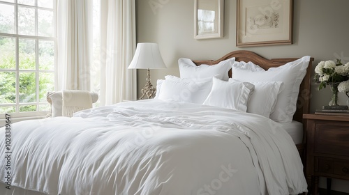 A Pristine White Bed with Crisp Linens in a Serene Bedroom Setting