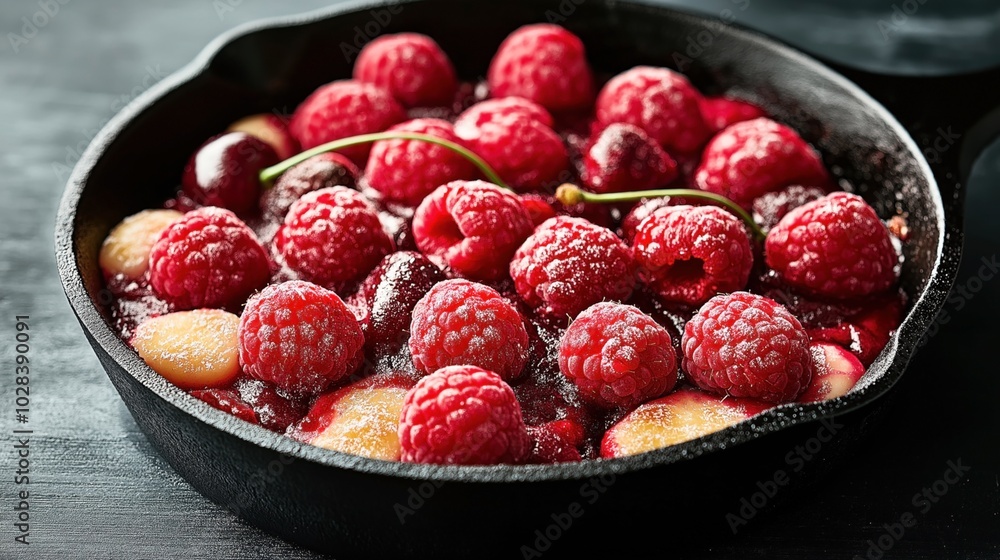 Close-up of fresh raspberries and cherries in a black cast iron skillet, sprinkled with powdered sugar, on a dark surface.