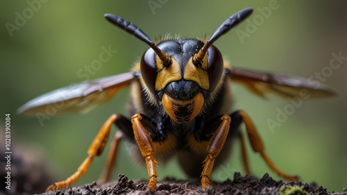 A close-up of a yellow jacket wasp with its wings spread, looking directly at the camera.