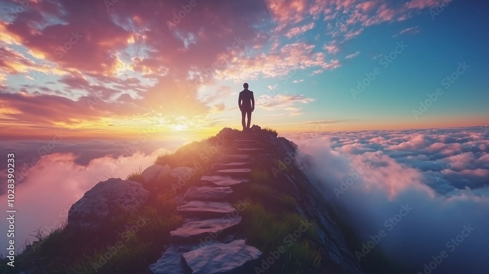 A businessman stands atop a mountain at sunrise, symbolizing growth and success. A businessman stands atop a mountain at sunrise, symbolizing growth and success.