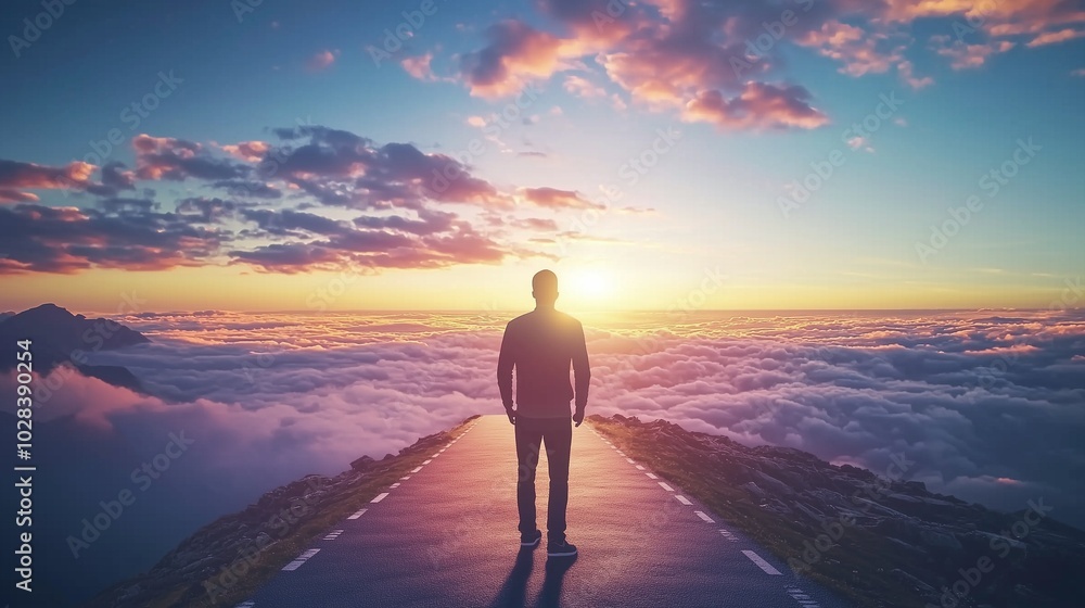 A man stands on a road above the clouds, symbolizing the journey and achievement of business project milestones. A man stands on a road above the clouds, symbolizing the journey and achievement of business project milestones.