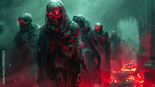 Undead Warriors Releasing Evil Power from Chest, Digital Art Style, Dark Fantasy Illustration, Nighttime, Eerie Atmosphere, Apocalyptic Scene with Glowing Red Eyes and Fire Imagery