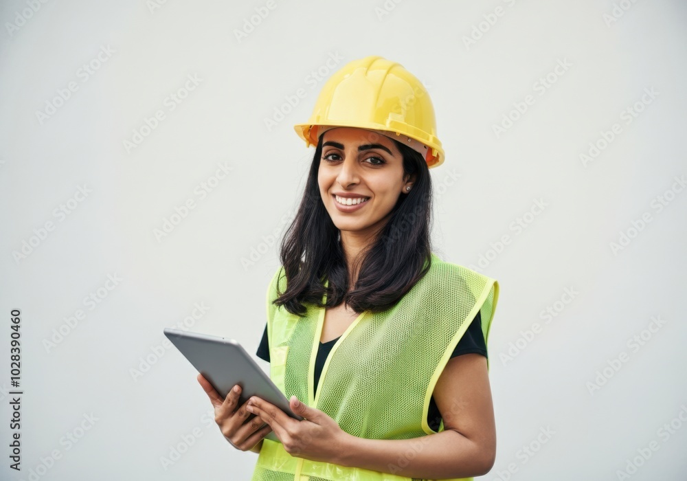 Smiling female engineer in safety gear holding tablet Smiling female engineer in safety gear holding tablet