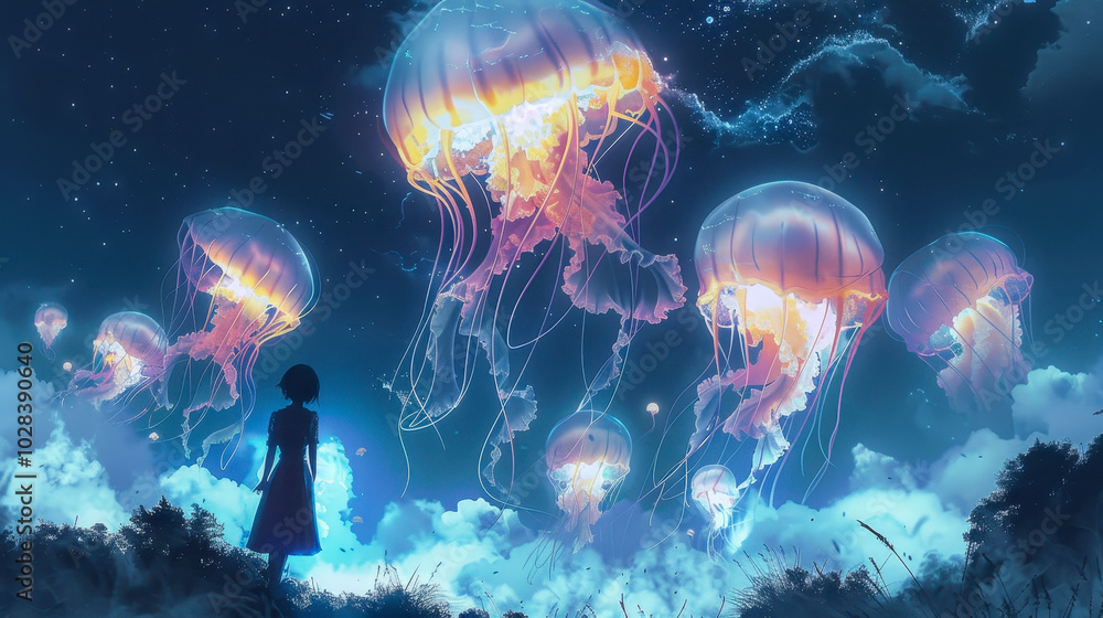 Naklejka premium Silhouette of girl gazing at giant illuminated jellyfish floating in starry night sky, digital art illustration, surreal dreamlike scene, fantasy, whimsical atmosphere