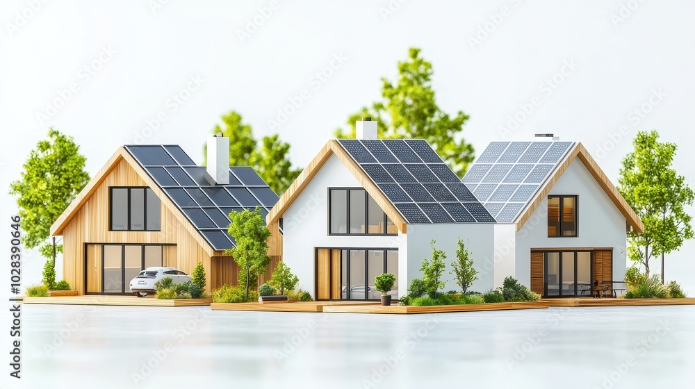 Eco-friendly modern houses with solar panels and greenery, promoting sustainable living. Eco-friendly modern houses with solar panels and greenery, promoting sustainable living.