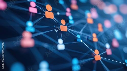Digital social network connections with colorful user icons on a dark background.