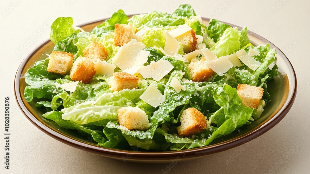 Close-up of a Caesar salad with croutons, parmesan cheese, and romaine lettuce. Close-up of a Caesar salad with croutons, parmesan cheese, and romaine lettuce.