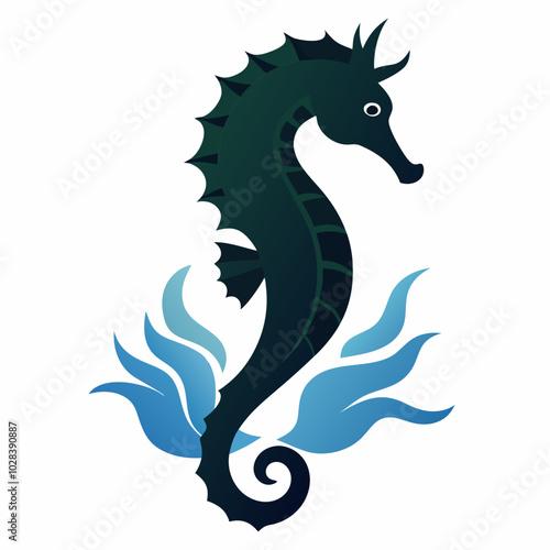 A seahorse floating in the water silhouette vector illustration on white background