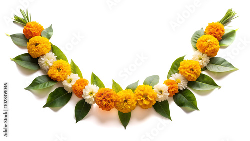 Indian flower garland of mango leaves and marigold flowers. Ugadi diwali ganesh festival poojas weddings functions holiday ornate decoration. Isolated on white background natural mango leaf garland. photo