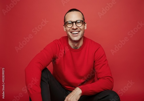 Smiling man in red sweater against a red background showing joy and confidence