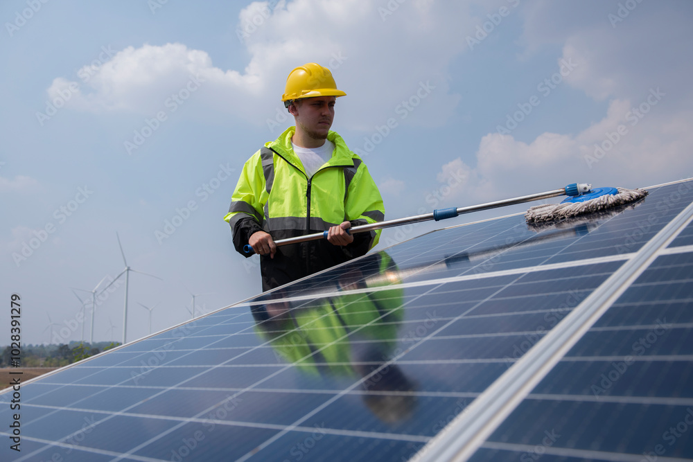Service worker in PPE. cleaning with solar panel with wind turbine on background. Service worker in PPE. cleaning with solar panel with wind turbine on background.