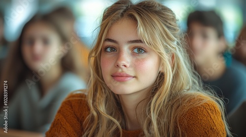 This image captures a young European female student with blonde hair and a warm smile, sitting among classmates in a classroom setting, focusing on her studies.
