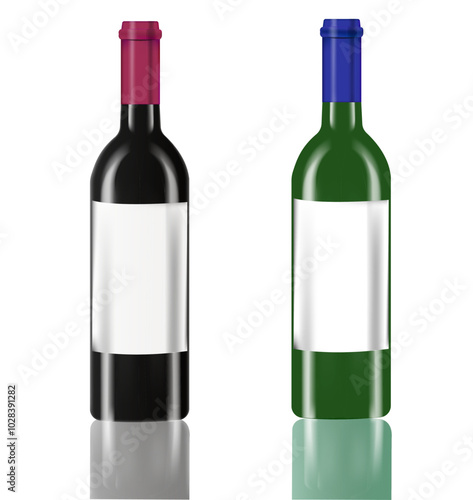 A set of bottles of different colors. Realistic wine bottles. A template for the design. Vector