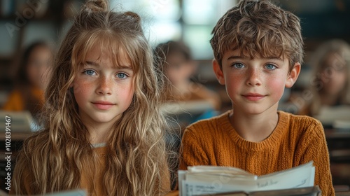 A portrait of two children with light hair, bright blue eyes, sitting in a classroom holding books. They appear engaged and eager to learn.
