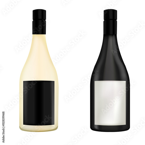 Two bottles of wine on a white background. A set of different bottles of champagne. 3D bottles of champagne or sparkling wine. Holiday icons