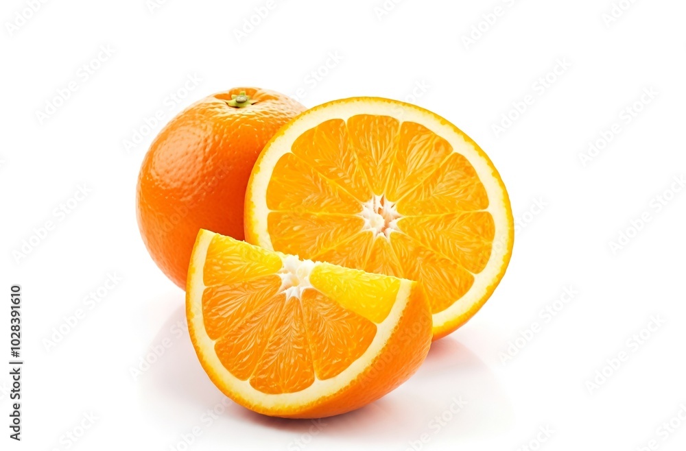 One whole orange, a half slice, and a wedge on a white background. One whole orange, a half slice, and a wedge on a white background.