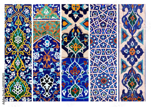 Photography Set of vertical or horizontal banners with detail of ancient mosaic walls with floral and geometric ornaments