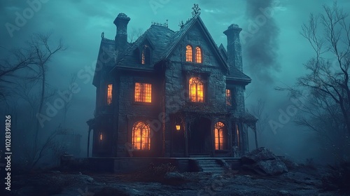 A Creepy, Stone Mansion with Glowing Windows in a Foggy Forest