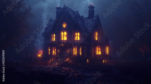 An Eerie Gothic Mansion with Glowing Windows in a Dark Forest