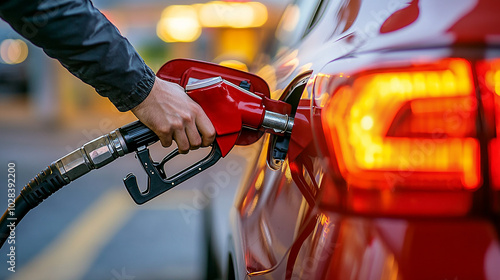 Person refueling a car with a gasoline fuel nozzle