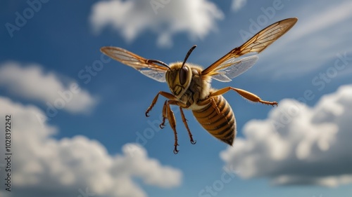 A yellow and black striped wasp with translucent wings flies against a blue sky with white fluffy clouds. photo