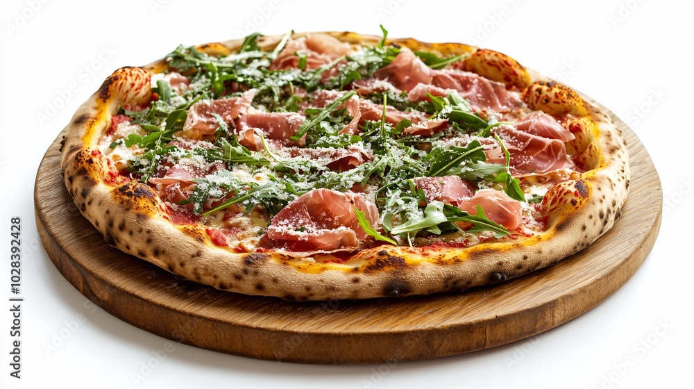 Close-up of a delicious pizza with prosciutto, arugula, and parmesan cheese on a wooden board. Close-up of a delicious pizza with prosciutto, arugula, and parmesan cheese on a wooden board.