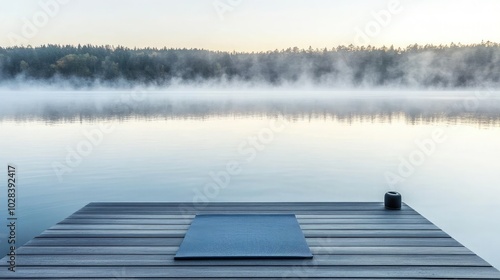 Serene Dock Overlooking Foggy Lake at Sunrise