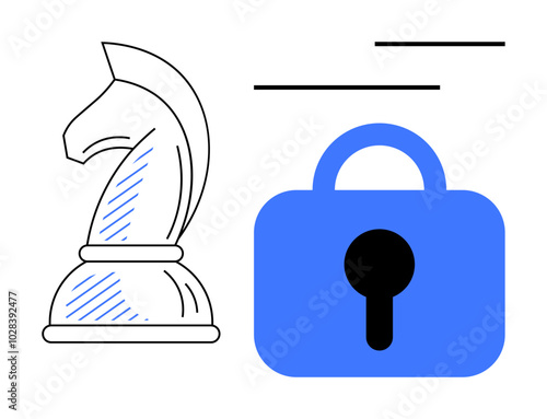 Black and white chess knight next to a blue lock symbol with black keyhole Ideal for themes cybersecurity, online protection, strategic planning, data privacy, intellectual property. Simple