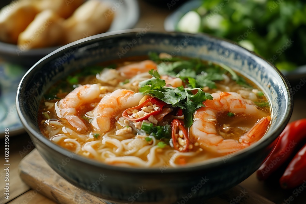 Closeup of a Bowl of Vietnamese Shrimp Noodle Soup with Chili Peppers and Cilantro. Closeup of a Bowl of Vietnamese Shrimp Noodle Soup with Chili Peppers and Cilantro.
