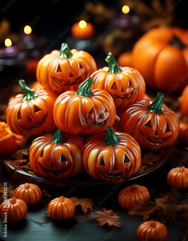 A festive arrangement of jack-o'-lanterns and candy, sure to add a spooky touch to any Halloween party. A festive arrangement of jack-o'-lanterns and candy, sure to add a spooky touch to any Halloween party.