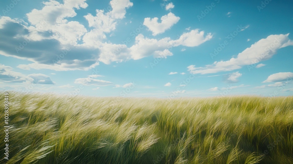 Obraz premium A serene landscape featuring tall grass swaying under a vibrant blue sky with clouds.