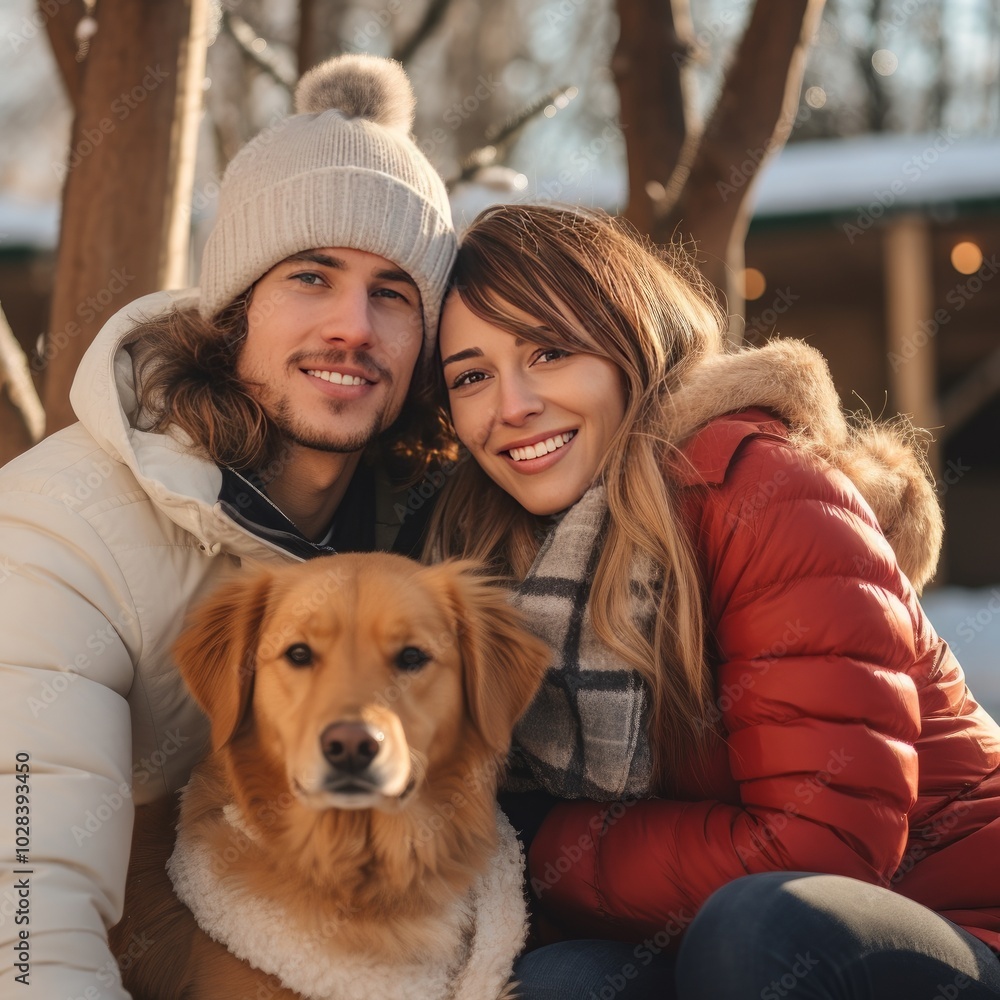 Happy couple with their pet in winter Happy couple with their pet in winter