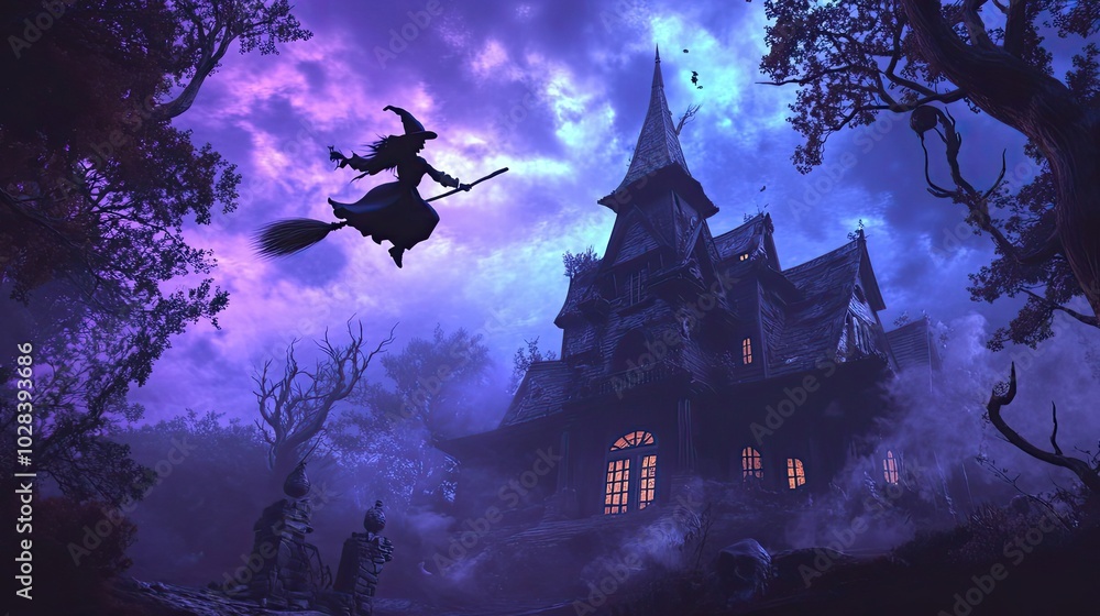 A Silhouette of a Witch Flying Over a Haunted House in the Night A Silhouette of a Witch Flying Over a Haunted House in the Night